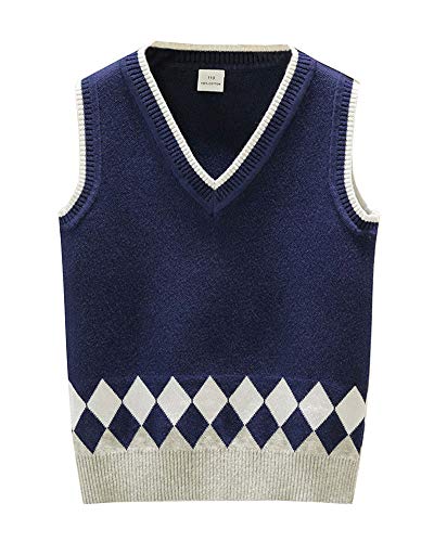 Shengwan Kinder Jungen V-Ausschnitt Strickweste Ärmellos Pullover Kariert Weste Top Navy 140cm von Shengwan