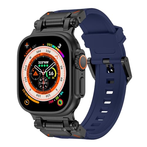 Sportband für Apple Watch Ultra 2/Ultra Armbänder 49mm 45mm 44mm 42mm für Männer, strapazierfähiges Silikonband mit Metallanschluss iWatch Ultra 9 8 7 6 5 4 3 SE（Schwarzer Adapter-Blau） von Shesyuki