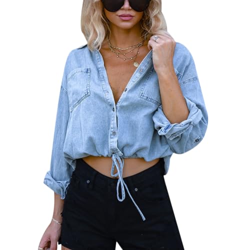 Damen-Denim-Hemd, 3/4-Ärmel, Button-Down-Crop-Jeans-Jacken, Oberteil, Hemd, Kragen, lässige Bluse, blau, 36-38 Damen-Denim-Hemd, 3/4-Ärmel, Button-Down-Crop-Jeans-Jacken, Oberteil, Hemd, Kragen, lässige Bluse, blau, 36-38 von Shevog