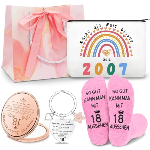 Shining She 18. Geburtstag Mädchen Geschenk Set, Geburtstagsgeschenk für Frauen Freundin mit 2007 Kosmetiktasche, 18. Schlüsselanhänger, 18. Rosa Socken und Kosmetikspiegel Beste Freundin Geschenke Shining She 18. Geburtstag Mädchen Geschenk Set, Geburtstagsgeschenk für Frauen Freundin mit 2007 Kosmetiktasche, 18. Schlüsselanhänger, 18. Rosa Socken und Kosmetikspiegel Beste Freundin Geschenke von Shining She