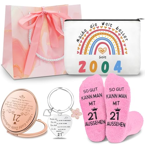 Shining She 21 Geburtstagsgeschenk für Frauen, Beste Freundin Geschenke mit 2004 Kosmetiktasche, 21. Schlüsselanhänger, 21. Rosa Socken und Kosmetikspiegel, Personalisierte Geschenke Geburtstag Shining She 21 Geburtstagsgeschenk für Frauen, Beste Freundin Geschenke mit 2004 Kosmetiktasche, 21. Schlüsselanhänger, 21. Rosa Socken und Kosmetikspiegel, Personalisierte Geschenke Geburtstag von Shining She