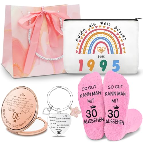 Shining She Geschenk 30. Geburtstag Frau, Geburtstagsgeschenk für Frauen mit 1995 Kosmetiktasche, 30. Schlüsselanhänger, 30. Rosa Socken und Kosmetikspiegel Lustige Geschenke für Mama Freundin Frau Shining She Geschenk 30. Geburtstag Frau, Geburtstagsgeschenk für Frauen mit 1995 Kosmetiktasche, 30. Schlüsselanhänger, 30. Rosa Socken und Kosmetikspiegel Lustige Geschenke für Mama Freundin Frau von Shining She