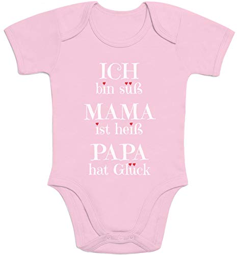 Süßer Spruch Ich Bin süss, Mama ist heiß, Papa hat Glück Baby Body Kurzarm-Body, Rosa, 6M von Shirtgeil