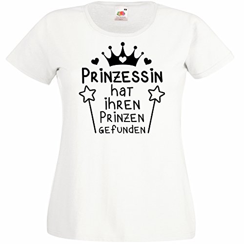 Damen T-Shirt Prinzessin hat ihren Prinzen gefunden für den Junggesellenabschied (Frauen/Braut) in Weiss, Größe L von Shirtoo