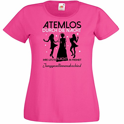 Damen T-Shirt für den Junggesellenabschied mit Motiv Atemlos - IHRE letzte Nacht in Freiheit (Frauen) in pink, Größe L von Shirtoo