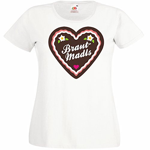 Damen T-Shirt für den Junggesellenabschied mit Motiv Braut Madls (Lebkuchenherz) (Frauen) in Weiss, Größe XL von Shirtoo