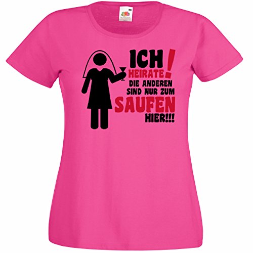 Damen T-Shirt für den Junggesellenabschied mit Motiv Ich heirate und die Anderen sind nur zum Saufen Hier (Frauen/Braut) in pink, Größe S von Shirtoo