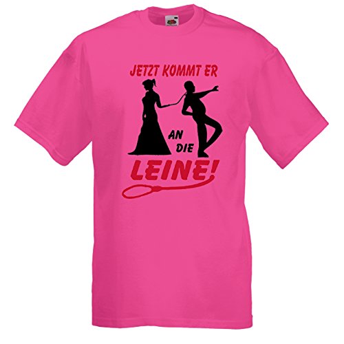 Herren T-Shirt für den Junggesellenabschied mit Motiv An die Leine (Männer) in pink, Größe L von Shirtoo