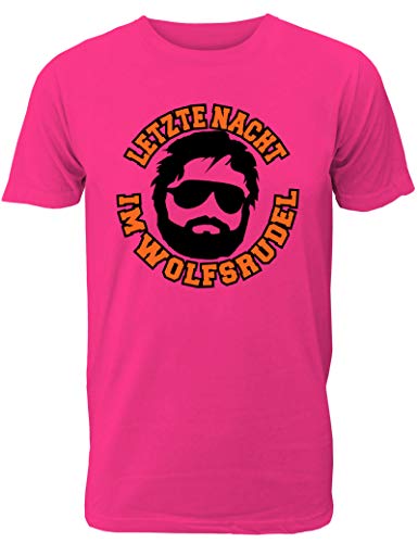 Herren T-Shirt für den Junggesellenabschied mit Motiv Letzte Nacht im Wolfsrudel (Männer/Bräutigam) in pink, Größe XL von Shirtoo