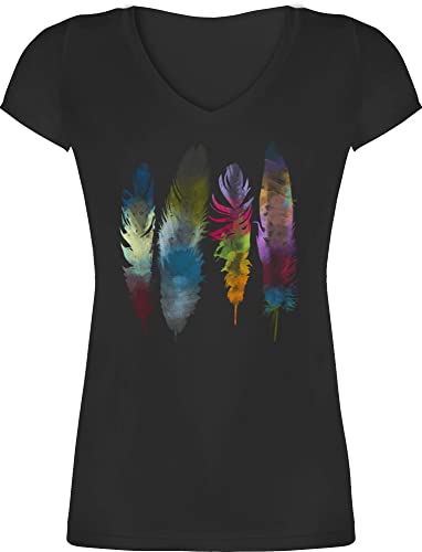 T-Shirt Damen V Ausschnitt - Kunst - Federn Wasserfarbe Watercolor Feathers - L - Schwarz - Tshirt Feder Shirt t Shirts Tshirts mit tailliert t-Shirts Baumwolle Oberteil Frauen Frau Baumwoll von Shirtracer