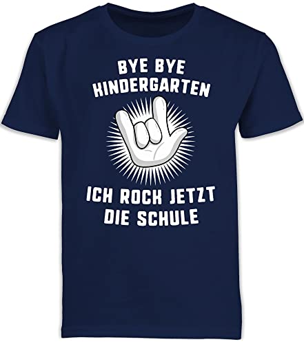 Kinder T-Shirt Jungen Schulanfang - Einschulung Junge - Bye Bye Kindergarten Ich Rock jetzt die Schule Hand - 128 (7/8 Jahre) - Navy Blau - Schulkind Ende Kita Tshirt Schulkind+t-Shirt von Shirtracer