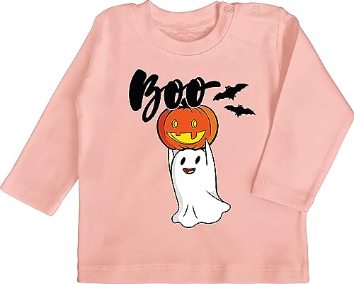 Baby Langarmshirt - Halloween - Babys - Boo Geist Kürbis Gespenst Gespenster Geister - 12/18 Monate - Babyrosa - Haloween Outfits Shirt Party Tshirt kost m Shirts gruselige Jungen gruseliges Kinder von Shirtracer