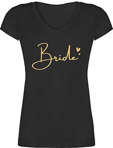 T-Shirt Damen V Ausschnitt - JGA Junggesellenabschied Frauen - Bride mit Herzchen Gold - L - Schwarz - JGA. Tshirt poltern t Shirt Frau Braut-Party Shirts polterer jungessellinnenabschied tailliert von Shirtracer