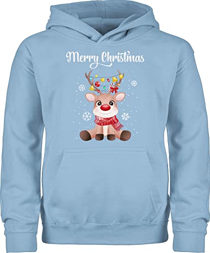 Kinder Hoodie Jungen Mädchen - Weihnachten Geschenke - Merry Christmas - süßes Rentier mit Lichterkette - 152 (12/13 Jahre) - Hellblau - Geschenk Frohe x-Mas weihnachtsmotiv weihnacht Hoodies von Shirtracer