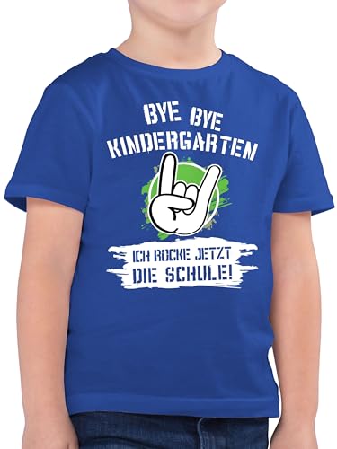 Kinder T-Shirt Jungen - Einschulung Junge - Bye Bye Kindergarten ich Rocke jetzt die Schule - 128 (7/8 Jahre) - Royalblau - einschulungsgeschenke Tshirt schulbeginn Geschenk Schulkind Outfit Shirt t von Shirtracer