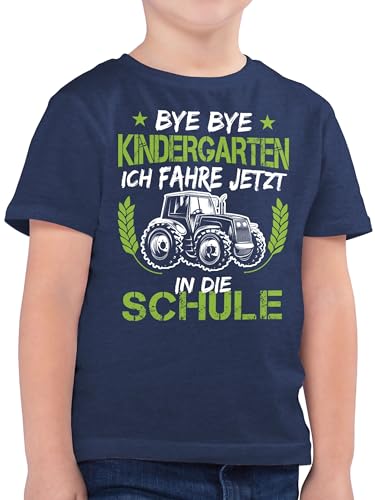 Kinder T-Shirt Jungen - Einschulung Junge - Bye Bye Kindergarten ich fahre jetzt in die Schule Traktor Weiß Grün - 152 (12/13 Jahre) - Dunkelblau Meliert - erste klasse Tshirt von Shirtracer