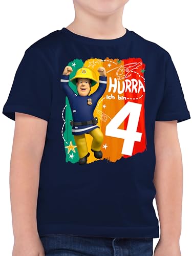 Kinder T-Shirt Jungen - Feuerwehrmann - Hurra ich Bin Vier - Sam - 104 (3/4 Jahre) - Dunkelblau - feuwrwehrmnn Feuerwehr Geburtstag 4 Jahre Junge Tshirt Shirt fwuerwehrman t-Shirts fã¼r t von Shirtracer