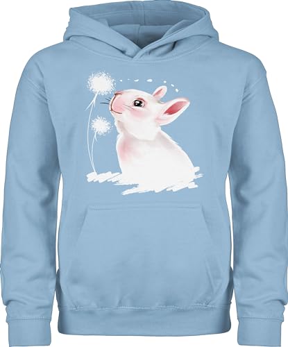 Shirtracer Kinder Hoodie Jungen Mädchen - Ostergeschenke Ostern - Hase mit Pusteblume - 140 (9/11 Jahre) - Hellblau - Pullover kleinigkeit Pulli Hoody Pullover+mit+Bauchtasche hasenpulli von Shirtracer