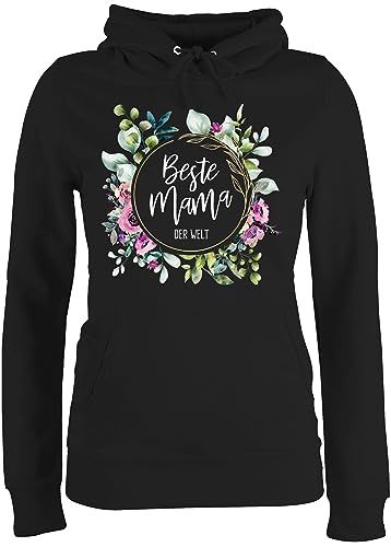 Pullover Damen Hoodie Frauen - Beste Mama der Welt Blumenkranz weiß - XS - Schwarz - muttertagsgeschenk personalisiert Pulli Muttertag Blumen Huddy muttertasgsgeschenke muttertagsgeschenke von Shirtracer