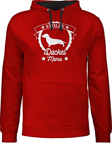 Pullover Herren Frauen Hoodie Kontrast zweifarbig - Geschenk für Hundebesitzer - Stolze Dackel Mama - XXL - Rot/Schwarz - Pulli Damen hundemensch hudis Spruch Hund Hoody hundegeschenke College von Shirtracer