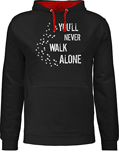 Pullover Herren Frauen Hoodie Kontrast zweifarbig - Geschenk für Hundebesitzer - You'll never walk alone Gassi - M - Schwarz/Rot - hundespruch pullis hundepullover hundemotiv hundehalter oberteile von Shirtracer