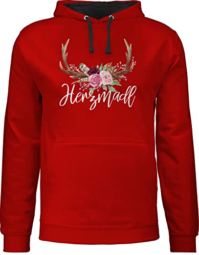 Pullover Herren Frauen Hoodie Kontrast zweifarbig - Kompatibel mit Oktoberfest - Herzmadl - XL - Rot/Schwarz - munich damen oktoberfest- bayerischer hirsch hoodie- volksfest geweihe oberteil von Shirtracer