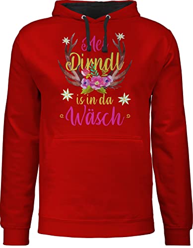 Shirtracer Pullover Herren Frauen Hoodie Kontrast zweifarbig - Kompatibel mit Oktoberfest - MEI Dirndl is in da Wäsch - Hirschgeweih - S - Rot/Schwarz - Trachten Damen sprüche bayrisches der von Shirtracer