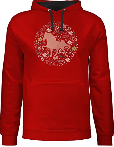 Pullover Herren Frauen Hoodie Kontrast zweifarbig - Pferde - Damen - Pferd mit Blumen - S - Rot/Schwarz - reiten geschenk (pferd) pferdebesitzer reitsachen reit sachen pferde-print pferd, pferd. von Shirtracer