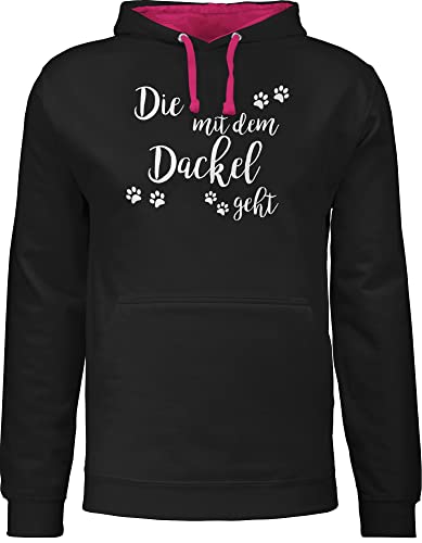 Pullover Herren Frauen Hoodie Kontrast zweifarbig - Sprüche Statement - Die mit dem Dackel geht weiß - L - Schwarz/Fuchsia - kapuzenpullover spruch pullis pollover damenhooddies damen statements von Shirtracer