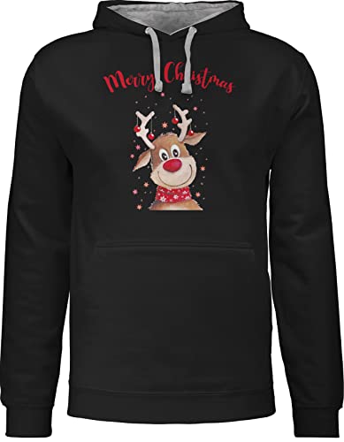 Pullover Herren Frauen Hoodie Kontrast zweifarbig - Weihnachten Geschenke Bekleidung - Merry Christmas Rentier - S - Schwarz/Grau meliert - weihnachtshoodie Weihnachts Geschenk Baumwolle weihnchts von Shirtracer