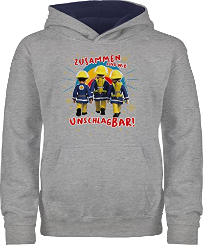 Pullover Kinder Hoodie Jungen Mädchen - Feuerwehrmann - Zusammen sind wir unschlagbar - Sam & Team - 116 (5/6 Jahre) - Grau meliert/Navy Blau - feuerwehmann fwuerwehrman freuermann der feuermann von Shirtracer