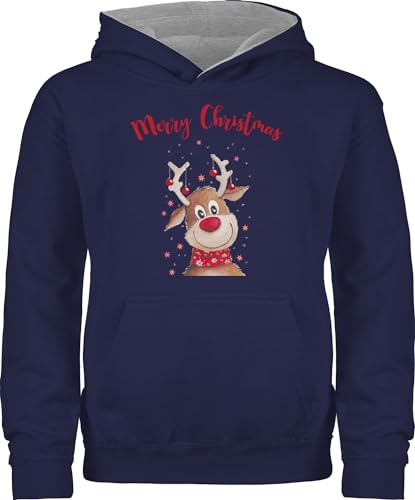 Pullover Kinder Hoodie Jungen Mädchen - Weihnachten Geschenke - Merry Christmas Rentier - 152 (12/13 Jahre) - Navy Blau/Grau meliert - Hoody weihnachtssweater Weihnachts Junge weihnachstpullover von Shirtracer