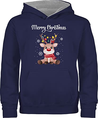 Pullover Kinder Hoodie Jungen Mädchen - Weihnachten Geschenke - Merry Christmas - süßes Rentier mit Lichterkette - 140 (9/11 Jahre) - Navy Blau/Grau meliert - Chrismas weihnachs von Shirtracer