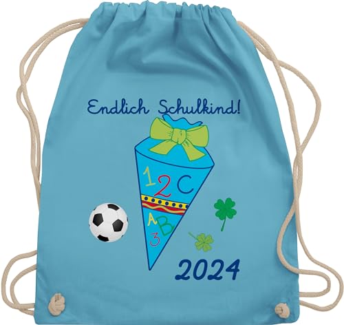 Turnbeutel Rucksack - Schulanfang & Einschulung Geschenk - Endlich Schulkind 2024 Fußball - Unisize - Hellblau - beutelrucksäcke kind 1 klasse fussball baumwollbeutel geschenke für eingeschult von Shirtracer