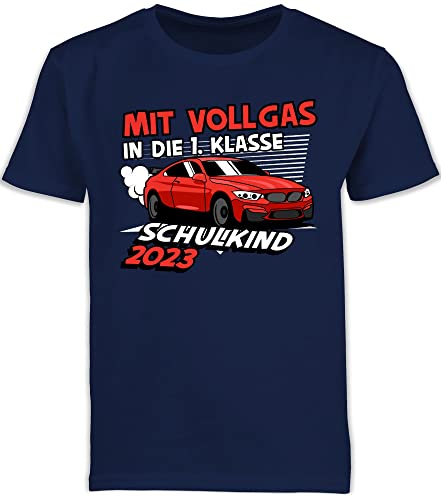 Kinder T-Shirt Jungen Schulanfang - Einschulung Junge - Mit Vollgas in die 1. Klasse - Schulkind 2024-116 (5/6 Jahre) - Navy Blau - Schultag Outfit 1.Schultag schulanfänger du bist kindershirts von Shirtracer