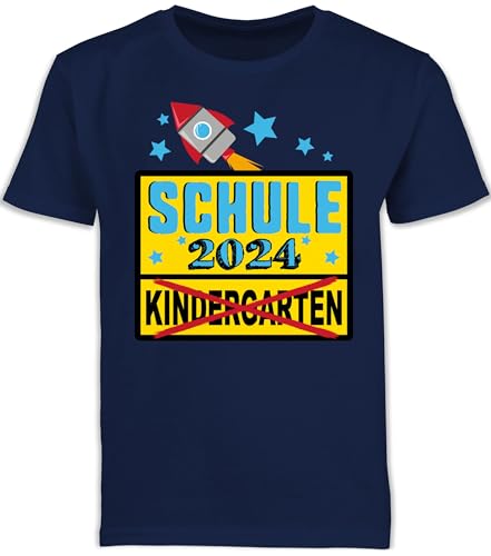 Kinder T-Shirt Jungen Schulanfang - Einschulung Junge - Ortsschild Schule 2024 Kindergarten Rakete - 116 (5/6 Jahre) - Navy Blau - schulstarter t Shirt Tshirt Schulkind schulanfänger 1. klasse von Shirtracer