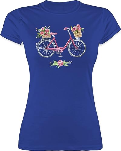 Shirt Damen - Retro - Vintage Fahrrad Wasserfarbe Blumen - L - Royalblau - Blume Tshirt Frau mit Aufdruck Motiven t Shirts Frauen t-Shirt t-schirt Tshirts t-schirts leiberl t-Shirts mädchen Kurzarm von Shirtracer