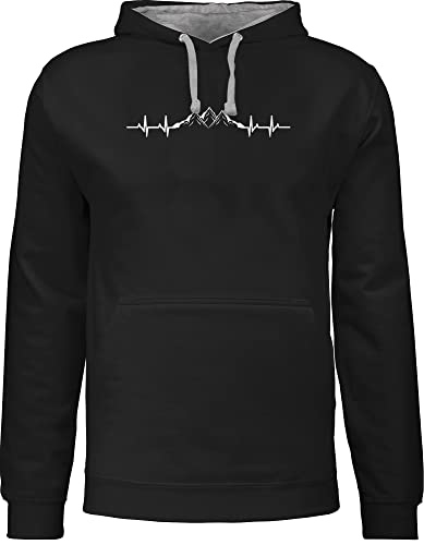 Pullover Herren Frauen Hoodie Kontrast zweifarbig - Skiurlaub Apres Ski - Berge Herzschlag - L - Schwarz/Grau meliert - pullis Berg skioutfit schneeberg Hoody Damen mit Kapuze Skifahrer Mountains von Shirtracer