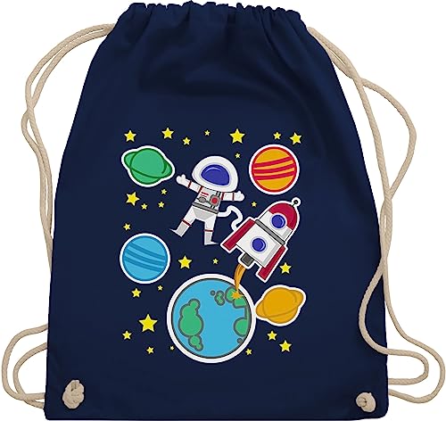 Turnbeutel Rucksack - Bunt gemischt Kinder - Weltall mit Astronaut - Unisize - Navy Blau - sportbeutel baumwolle baumwoll stoffbeutel kordel beutel stoff planeten bag rakete tasche weltraum von Shirtracer