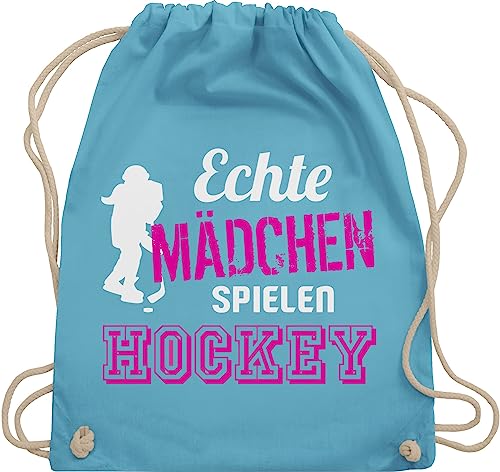 Shirtracer Turnbeutel Rucksack - Eishockey - Echte Mädchen spielen Hockey - Unisize - Hellblau - gym beutel baumwolle kordel kinder stoff baumwoll mit kinderturnbeutel icehockey geschenk feldhockey von Shirtracer