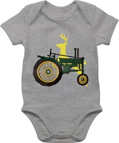 Baby Body Junge Mädchen - Traktoren - Traktor Hirsch Deer - 3/6 Monate - Grau meliert - baby-kurzarmbodys trecker strampler unisex mit drauf bodies fan kurzarmbody babykleidung babystrampler bodys von Shirtracer