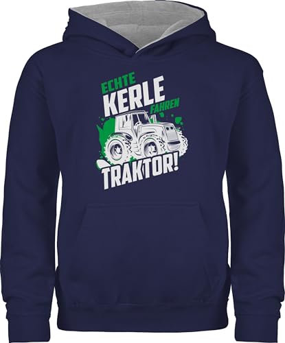 Pullover Kinder Hoodie Jungen Mädchen - Bagger und Co. - Echte Kerle fahren Traktor - weiß - 152 (12/13 Jahre) - Navy Blau/Grau meliert - kapuzenpulli fahrzeuge hoody kapuzenpullover hudis pulli von Shirtracer