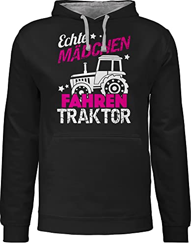 Pullover Herren Frauen Hoodie Kontrast zweifarbig - Traktoren - Damen - Echte Mädchen fahren Traktor - L - Schwarz/Grau meliert - hoddies für mädels trecker sprüche kapuzenpullover landwirt von Shirtracer