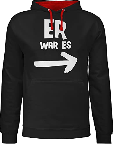 Pullover Herren Frauen Hoodie Kontrast zweifarbig - Sprüche Statement mit Spruch - Er war es - 3XL - Schwarz/Rot - geschenk zur einschulung hoddies witzige pullis sprüchen drauf pollover lustige von Shirtracer