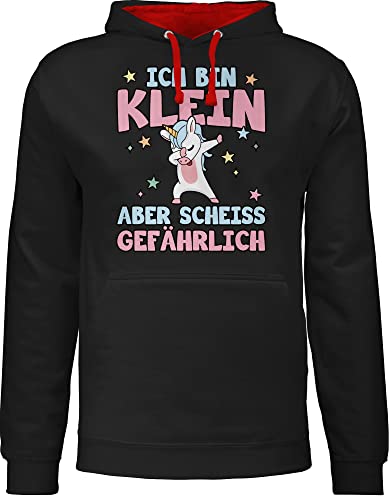 Pullover Herren Frauen Hoodie Kontrast zweifarbig - Sprüche Statement mit Spruch - Ich bin klein aber scheiß gefährlich Einhorn Dab - 5XL - Schwarz/Rot - hoody kapuze pulli kapuzenpullover damen von Shirtracer