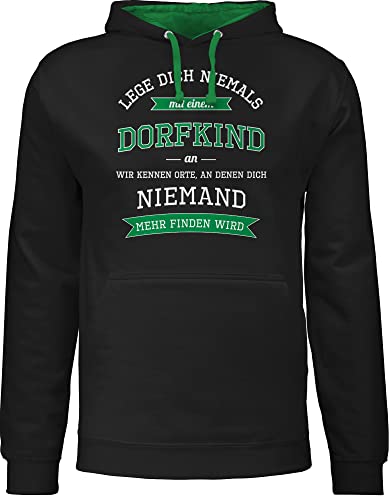 Pullover Herren Frauen Hoodie Kontrast zweifarbig - Sprüche Statement Spruch - Lege dich niemals mit einem Dorfkind an - XS - Schwarz/Grün - hoddis leg hoddies/pullies damenhooddies pulli männer von Shirtracer