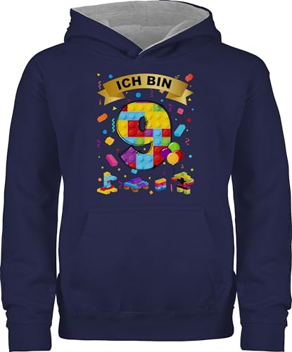 Pullover Kinder Hoodie Jungen Mädchen - 9. Geburtstag - Ich bin 9 Bausteine - 140 (9/11 Jahre) - Navy Blau/Grau meliert - neun jahre 9.geburtstag kindergeburtstag geburtstagskind alt geb neunte von Shirtracer