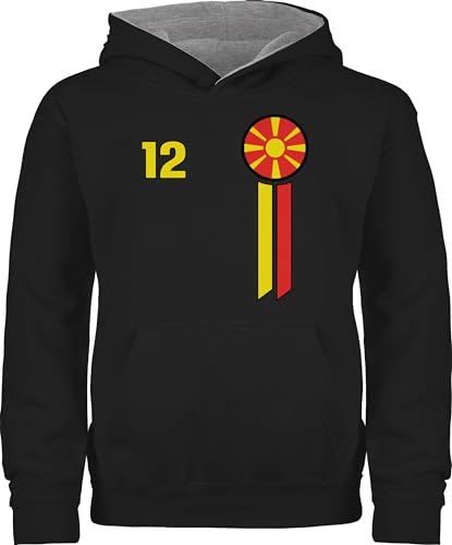 Shirtracer Pullover Kinder Hoodie Jungen Mädchen - Fußball EM WM - 12. Mann Nord-Mazedonien Emblem - 128 (7/8 Jahre) - Schwarz/Grau meliert - Fussball Europameisterschaft 2024 Fanartikel fu Ball von Shirtracer