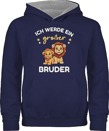 Shirtracer Pullover Kinder Hoodie Jungen Mädchen - Ich werde großer Bruder Geschenk Löwen - 128 (7/8 Jahre) - Navy Blau/Grau meliert - große brüder grosser Big bro großen Geschenke 2024 für größeren von Shirtracer