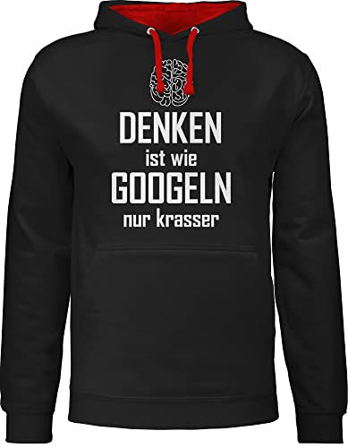 Pullover Herren Frauen Hoodie Kontrast zweifarbig - Sprüche Statement mit Spruch - Denken ist wie googeln nur krasser - XL - Schwarz/Rot - sarkasmus kapuzenpullover geschenk zur einschulung nerd von Shirtracer